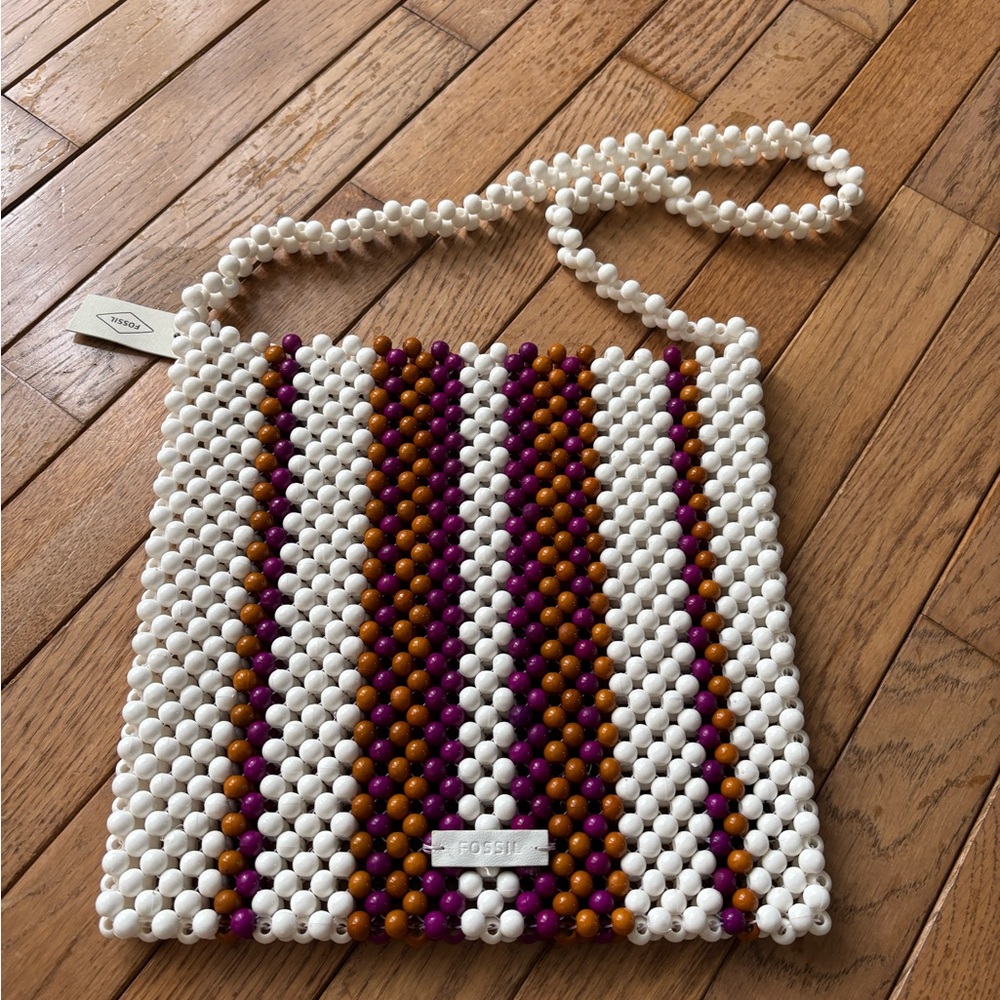 Fossil White Beaded Crossbody with Purple and Orange Stripe Detail